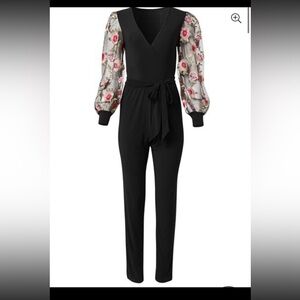 VENUS Black Floral Mesh Sleeve Jumpsuit | Elegant Evening Outfit. NWT